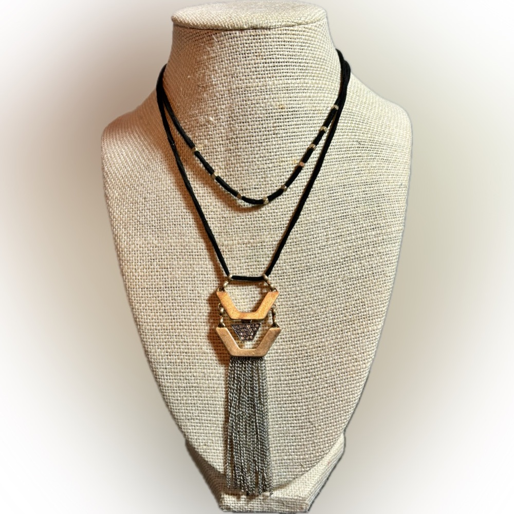 Two Strand Black Cord Choker with Goldtone  and Rhinestone Pendant, 4” Tassel